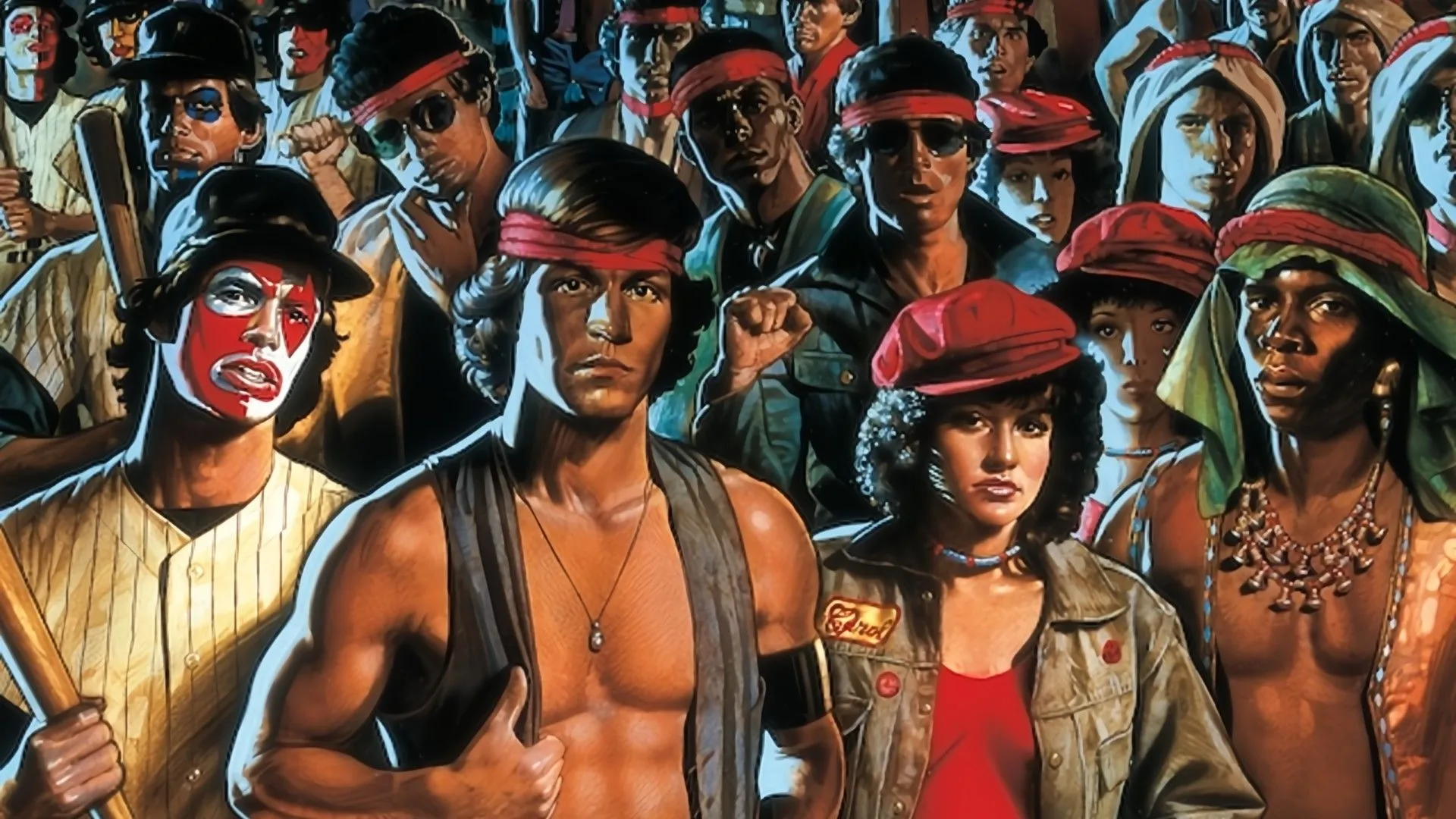 Áp phích game The Warriors với đầy đủ các thành viên băng đảng chính, thể hiện phong cách và không khí bạo lực đường phố của game chuyển thể