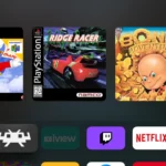 Apple TV hiển thị giao diện RetroArch với các tựa game retro trên màn hình chính.