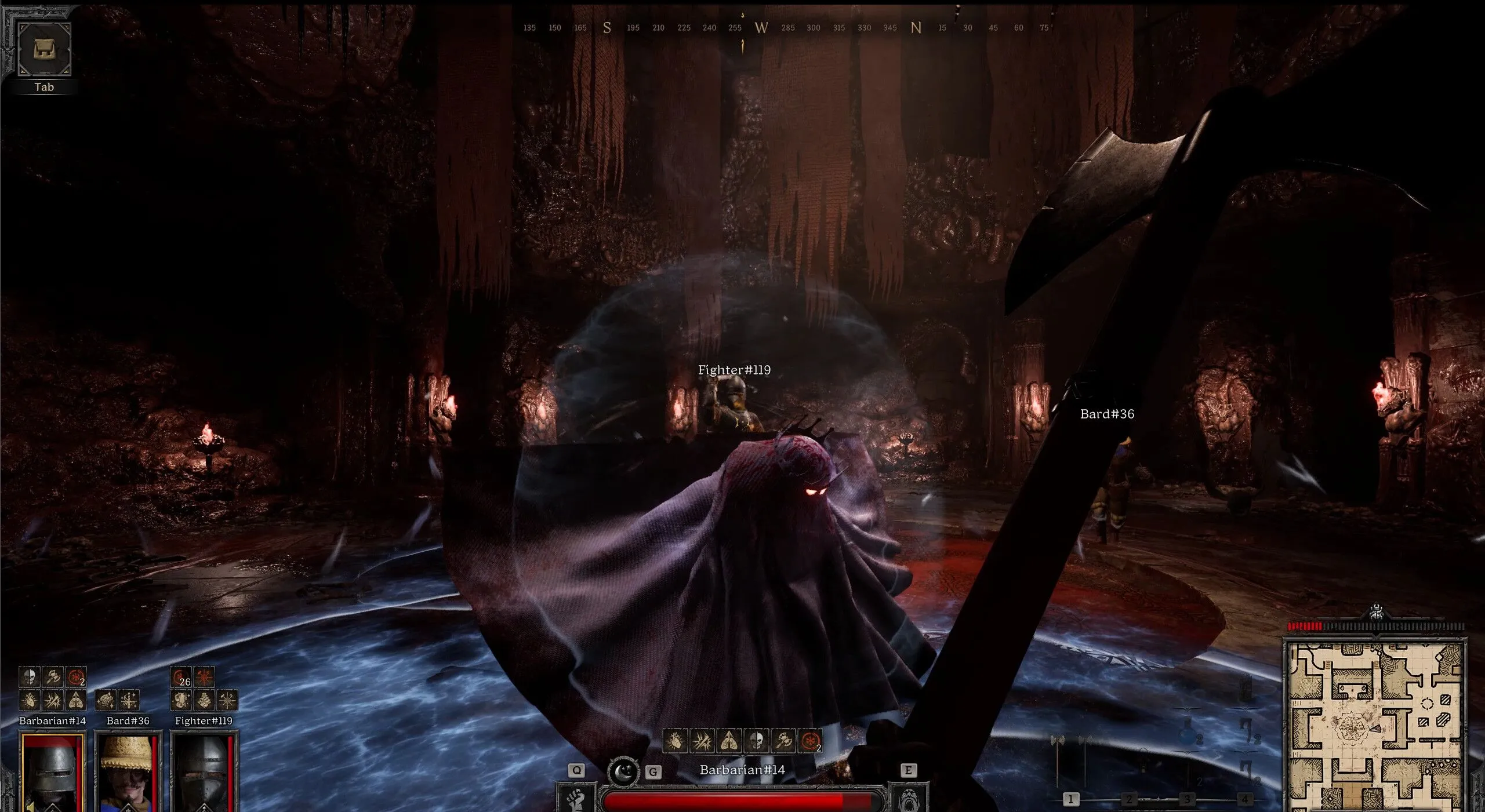 Ba thành viên đội hình đang thử thách một con trùm trong Dark and Darker