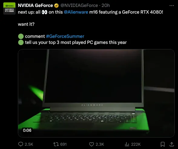 Bài đăng trên Twitter về cuộc thi giveaway laptop gaming chính thức từ tài khoản NVIDIA đã xác minh