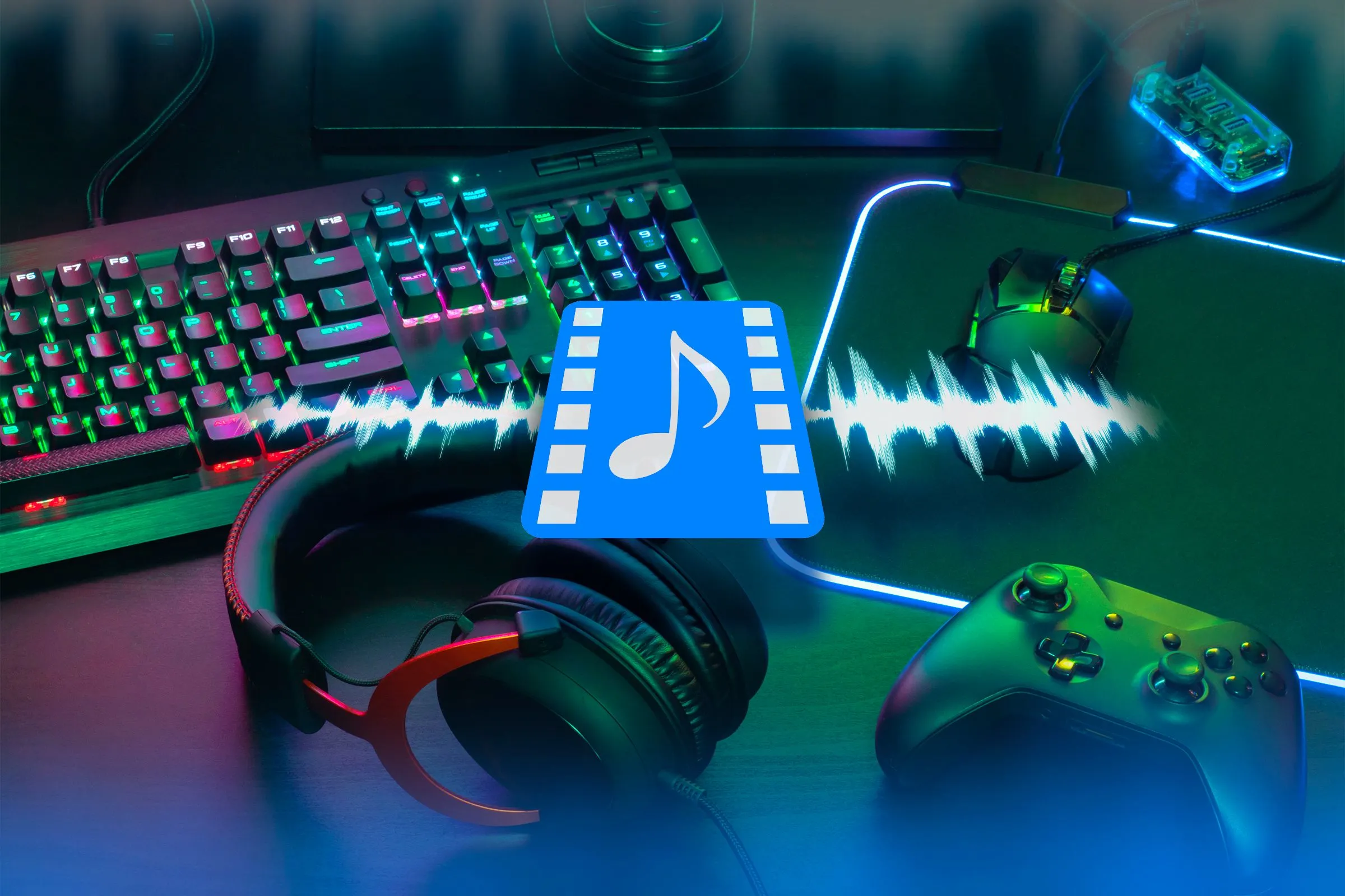 Bàn chơi game với tai nghe, bàn phím, chuột và tay cầm, biểu tượng âm thanh nổi bật minh họa vai trò của âm thanh trong trải nghiệm game.