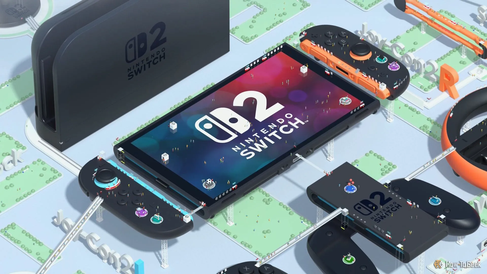 Bản mô phỏng kỹ thuật số của console Nintendo Switch 2, dock và phụ kiện