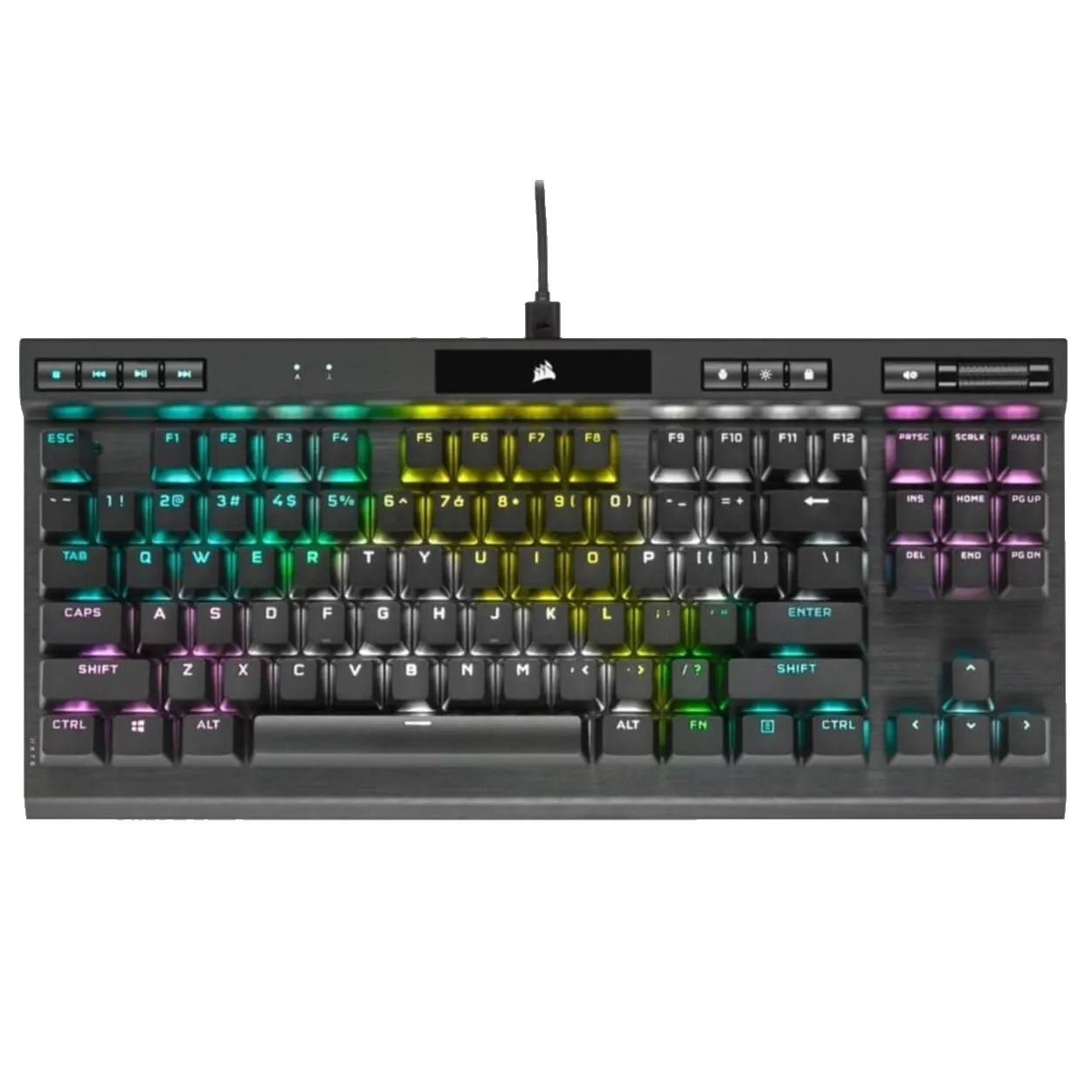 Bàn phím cơ Corsair K70 RGB TKL nhìn từ góc, làm nổi bật đèn RGB rực rỡ và thiết kế cứng cáp của nó.