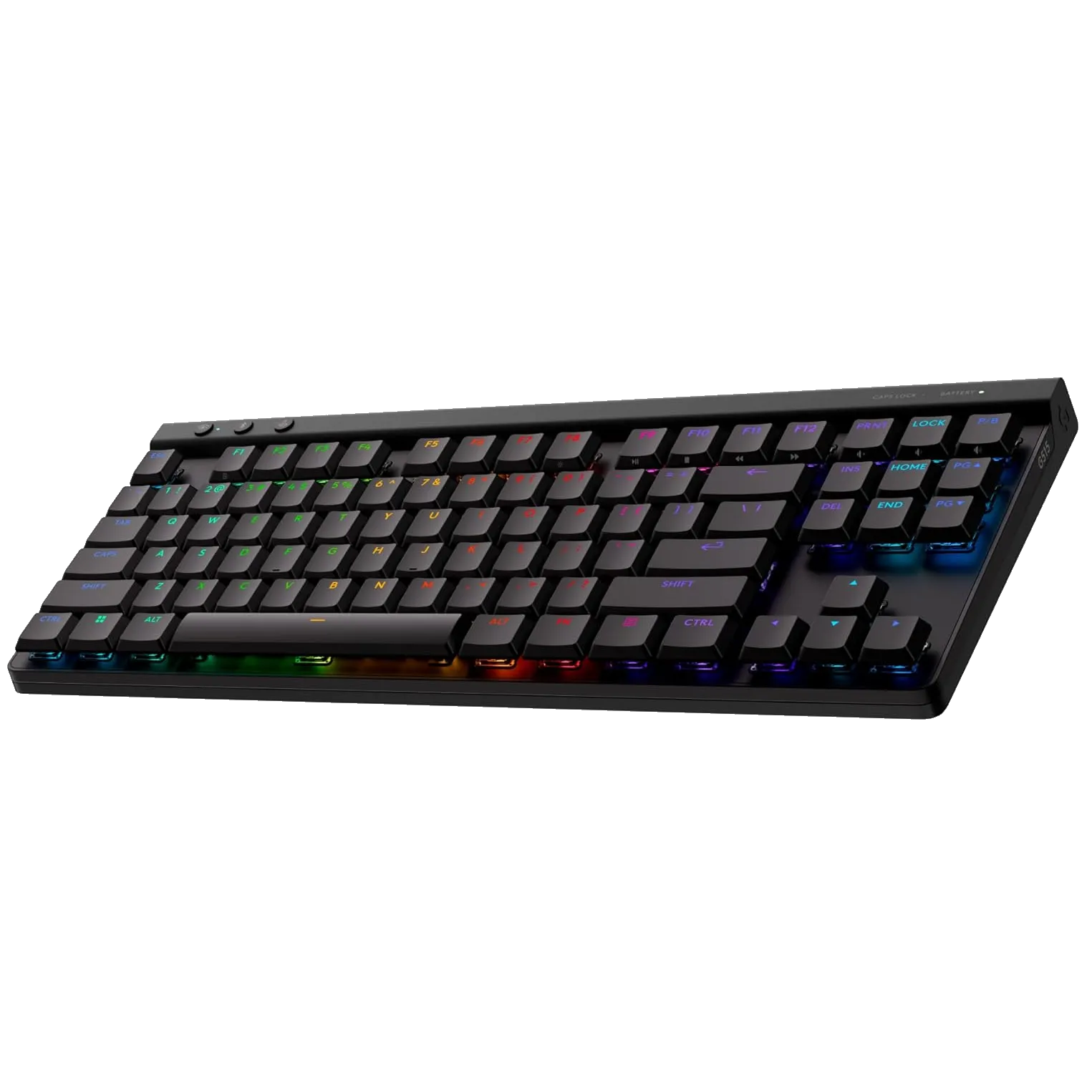 Bàn phím cơ Logitech G515 Lightspeed TKL nhìn từ góc, làm nổi bật thiết kế mỏng, các phím bấm tiện lợi và đèn nền đẹp mắt.