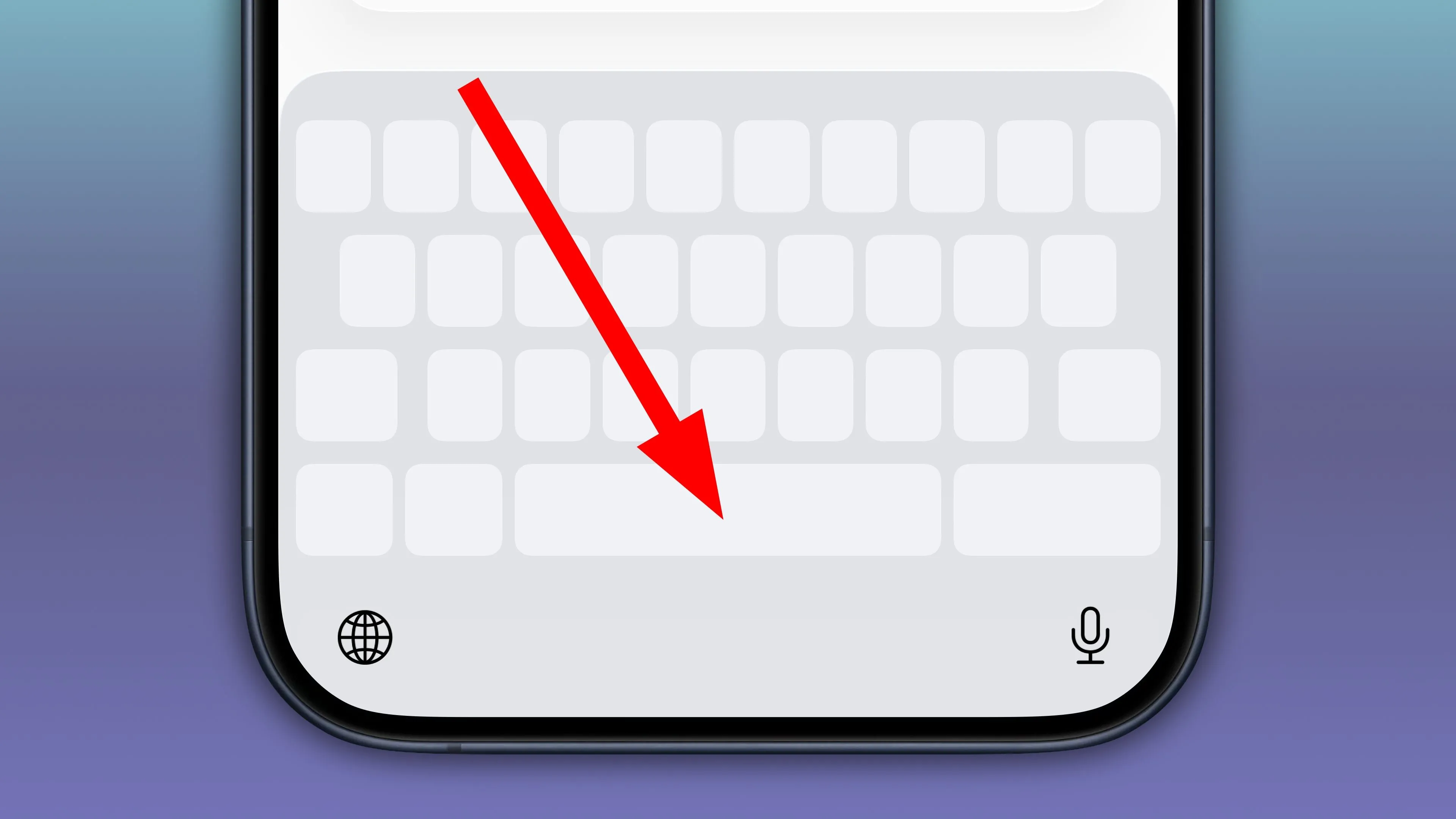 Bàn phím iPhone ở chế độ bàn di chuột ảo, mũi tên đỏ chỉ vào phím Spacebar để kích hoạt.