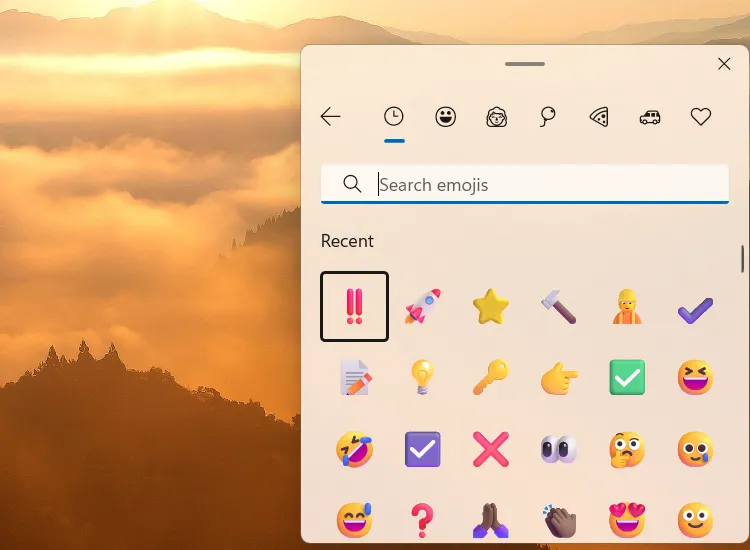Bảng biểu tượng cảm xúc (Emoji Panel) trong Windows 11, sẵn sàng để chèn vào văn bản.