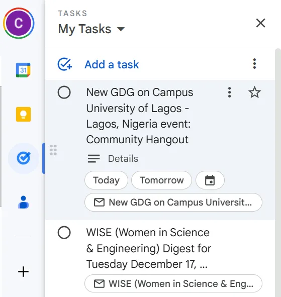 Bảng điều khiển Google Tasks hiển thị tác vụ đã được thêm từ email và các tùy chọn chỉnh sửa chi tiết.
