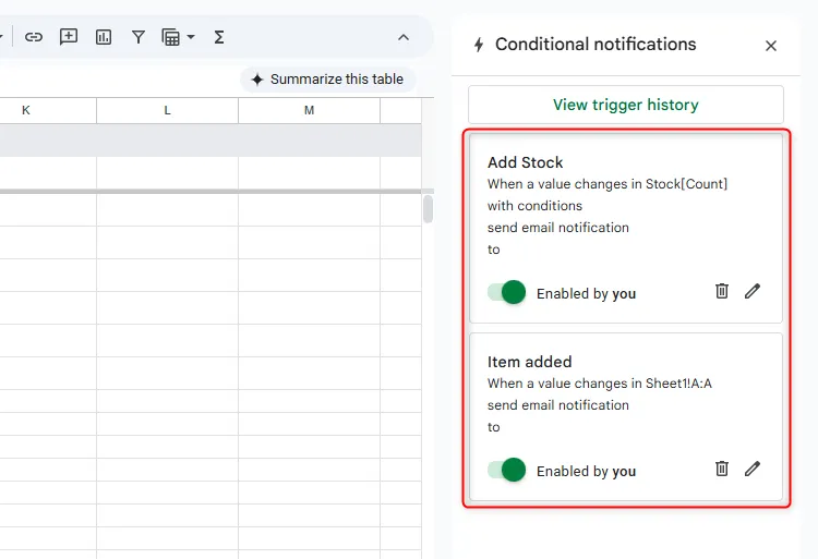 Bảng điều khiển thông báo có điều kiện của Google Sheets hiển thị hai quy tắc đã thiết lập.