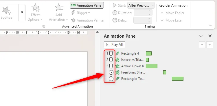 Bảng Hoạt hình trong PowerPoint hiển thị các hoạt ảnh kích hoạt bằng click chuột và hoạt ảnh kích hoạt theo thời gian.