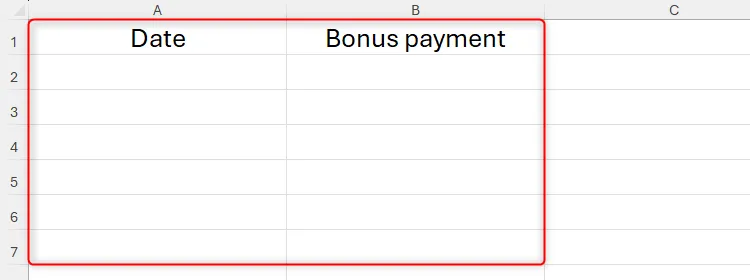 Bảng tính Excel với các tiêu đề cột &quot;Date&quot; và &quot;Bonus Payment&quot;, chuẩn bị cho ví dụ công thức mảng động.