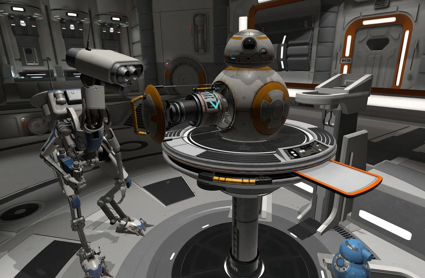 BB-8 đang được sửa chữa trong trò chơi VR Star Wars: Droid Repair Bay.