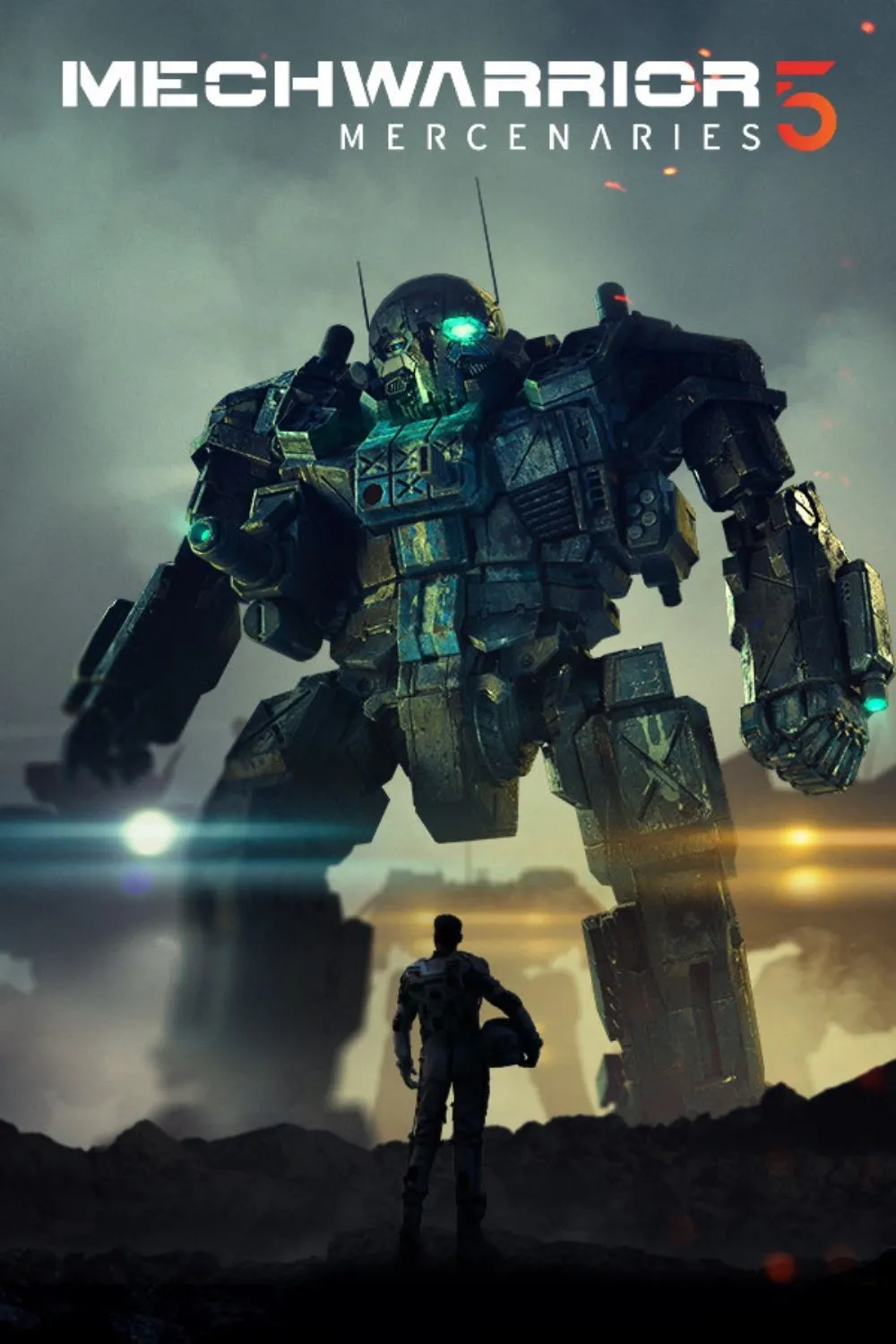 Bìa game MechWarrior 5: Mercenaries, tượng trưng cho những trận chiến robot khổng lồ và chân thực.