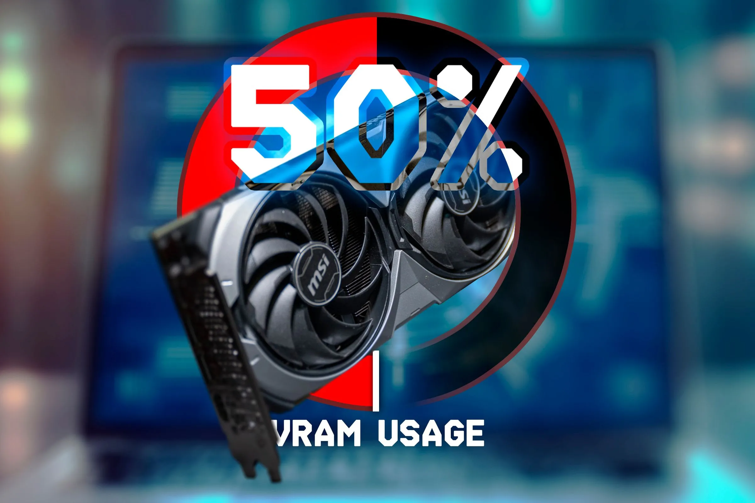 Biểu đồ hiển thị mức độ sử dụng VRAM với hình ảnh card đồ họa, nhấn mạnh vấn đề bộ nhớ hạn chế của RTX 50 series.