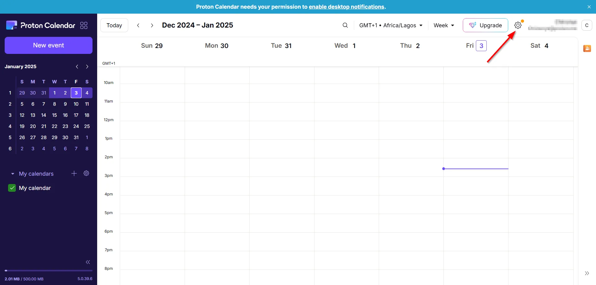 Biểu tượng cài đặt trên cùng bên phải trong giao diện Proton Calendar web