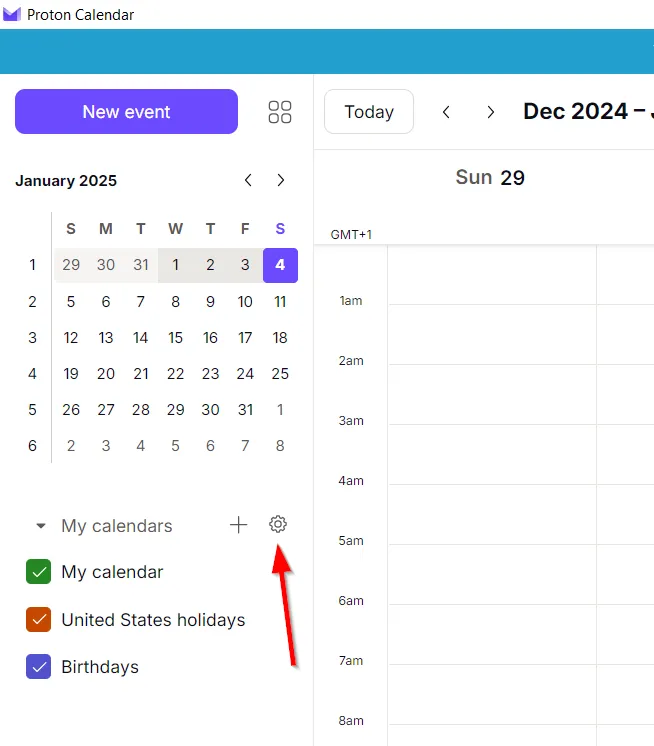 Biểu tượng cài đặt trên cùng bên phải trong ứng dụng Proton Calendar
