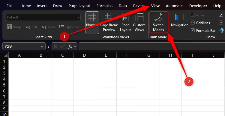 Biểu tượng Chuyển Chế độ trong tab Xem của Microsoft Excel