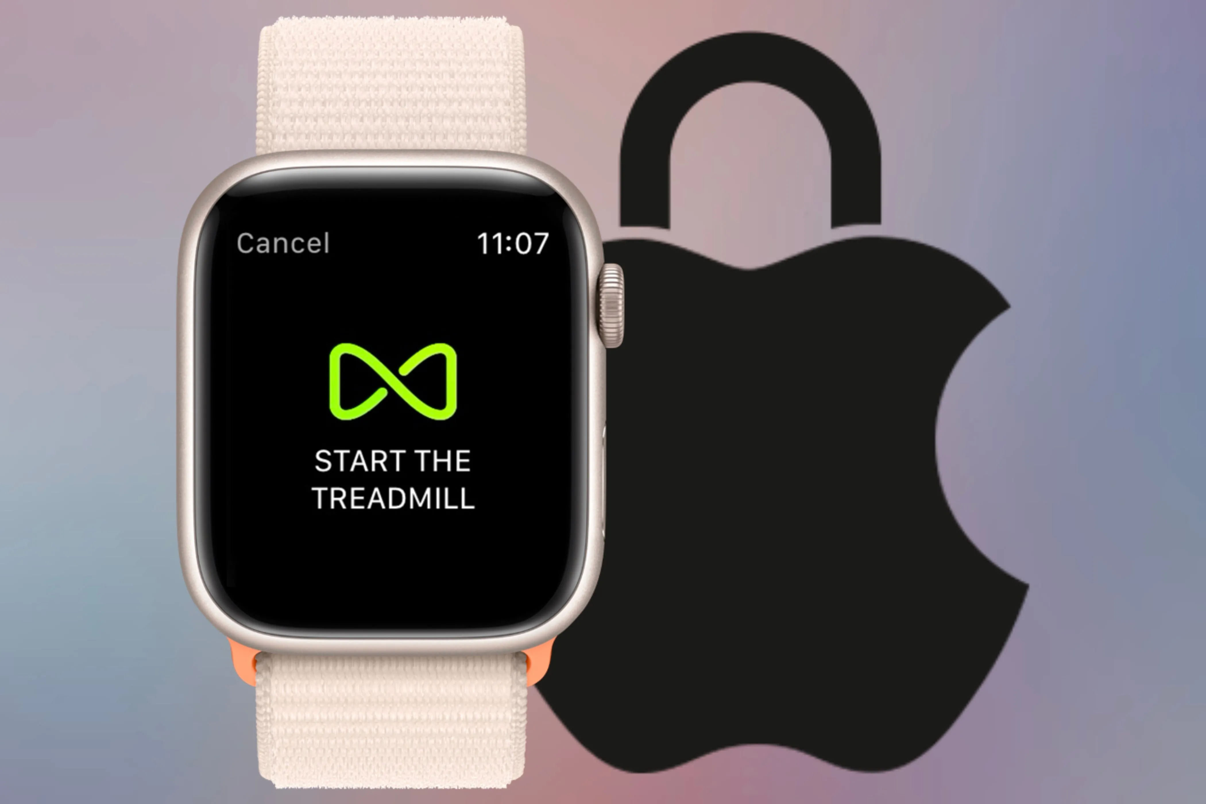 Biểu tượng GymKit trên Apple Watch sẵn sàng bắt đầu bài tập với máy chạy bộ