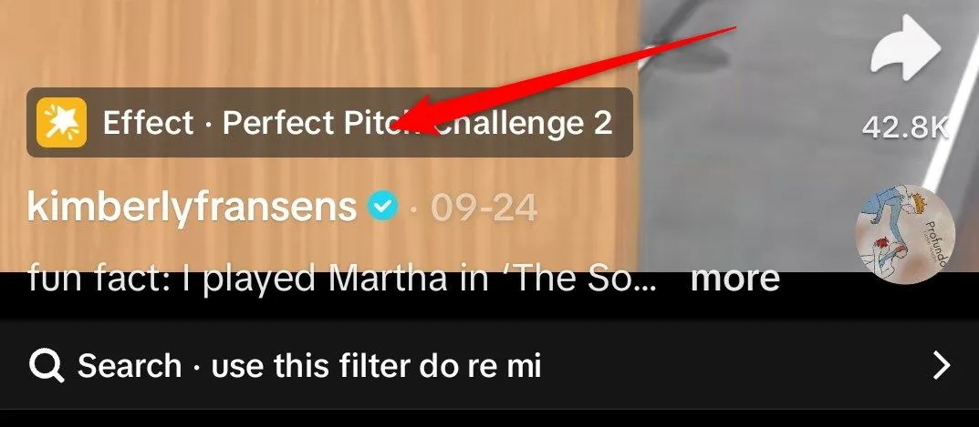 Biểu tượng hiệu ứng của game Perfect Pitch Challenge hiển thị trên video TikTok, cho phép lưu vào mục yêu thích