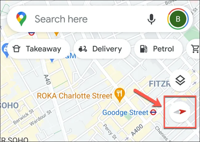 Biểu tượng la bàn Google Maps hiển thị hướng Bắc và Nam trên ứng dụng điện thoại.