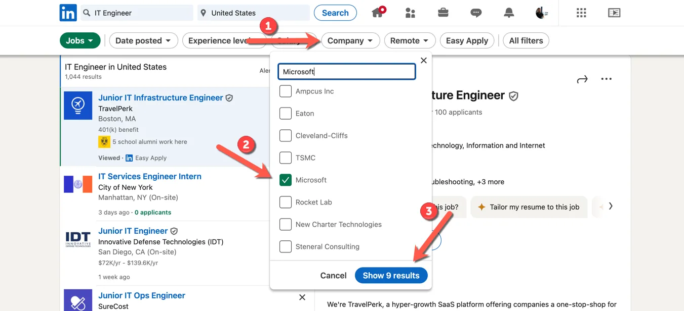 Bộ lọc &quot;Công ty&quot; trên LinkedIn giúp tìm kiếm việc làm từ các doanh nghiệp cụ thể.