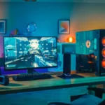 Bộ máy tính chơi game hiện đại với thùng máy mạnh mẽ và ánh sáng neon nổi bật