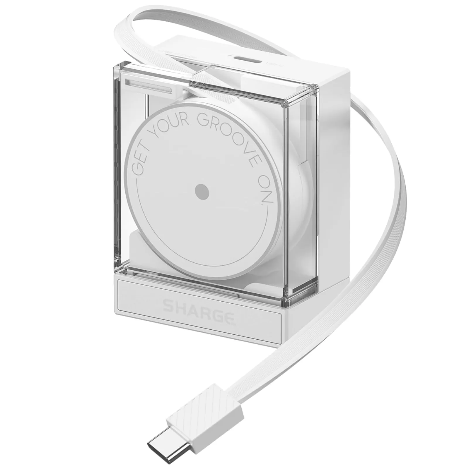 Bộ sạc Sharge Ret retractable 65 hiển thị rõ cáp USB-C rút gọn và cổng sạc bổ sung