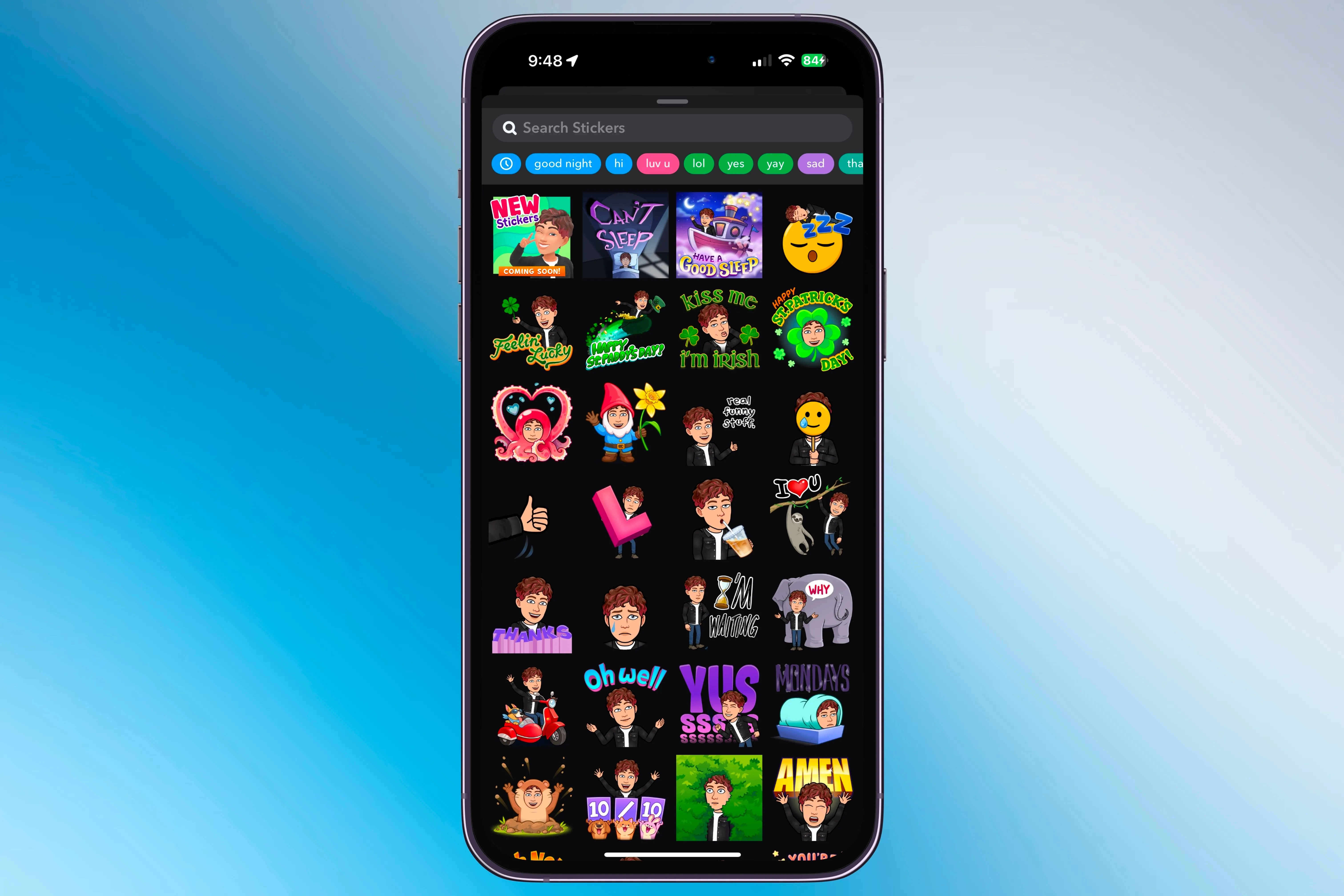 Bộ sưu tập các sticker Bitmoji đa dạng được hiển thị trong ứng dụng iMessage trên iPhone, sẵn sàng để gửi trong cuộc trò chuyện.