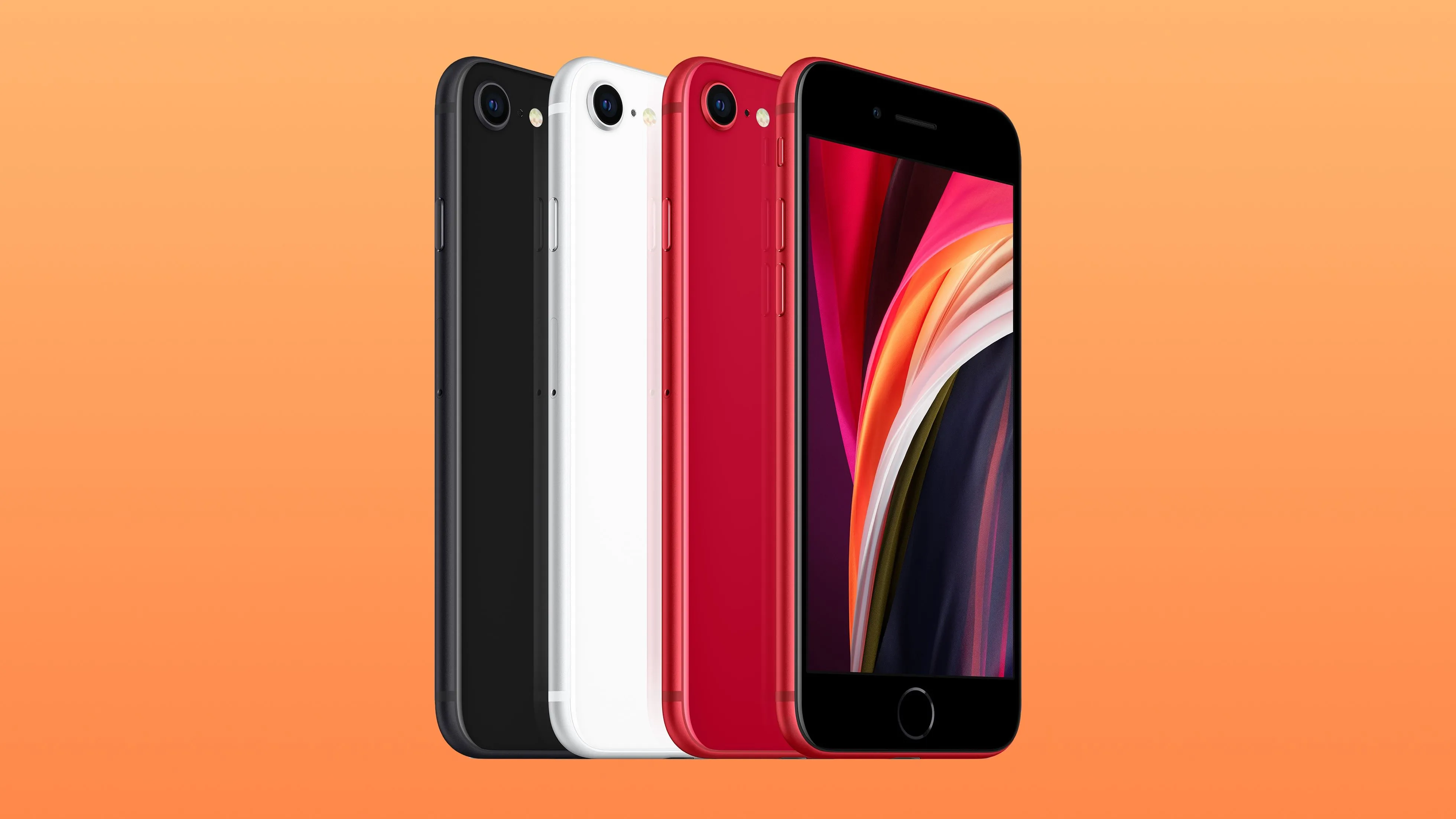 Bốn chiếc iPhone SE thế hệ thứ hai với các màu sắc khác nhau nhìn từ cạnh bên
