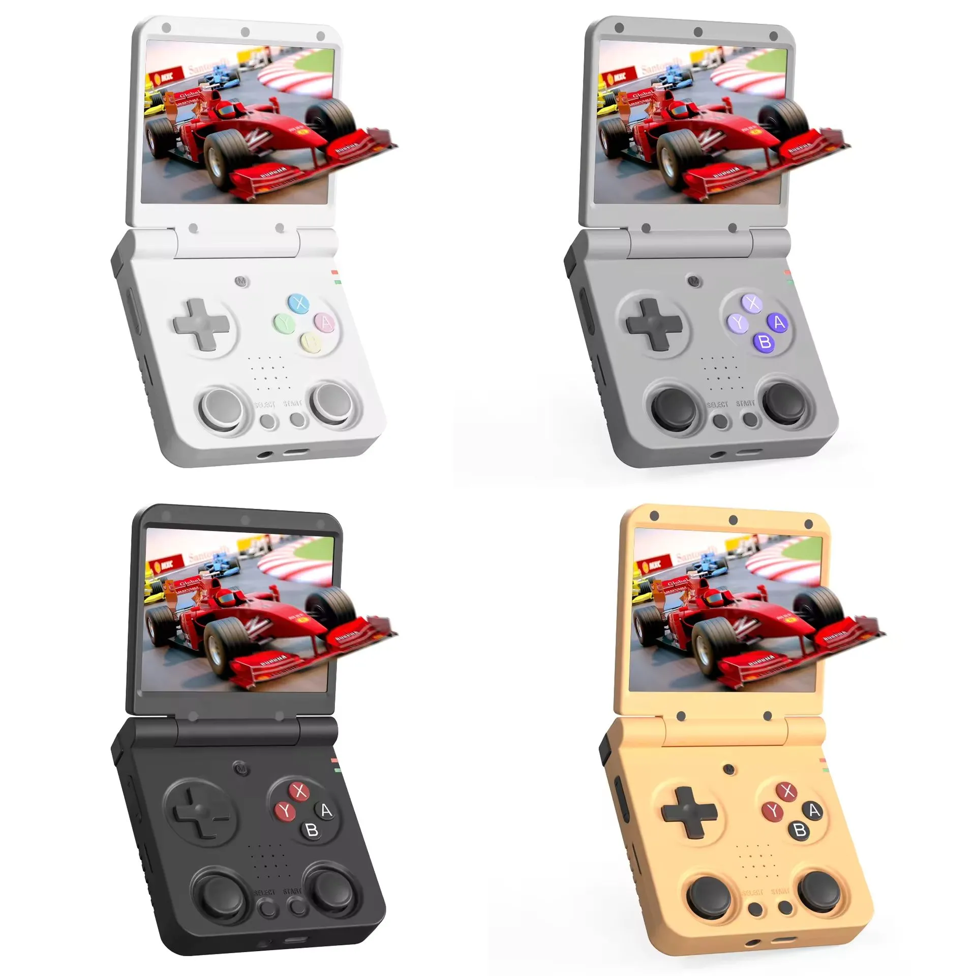 Bốn máy chơi game retro Miyoo Flip với các tùy chọn màu trắng, bạc, xám và vàng.