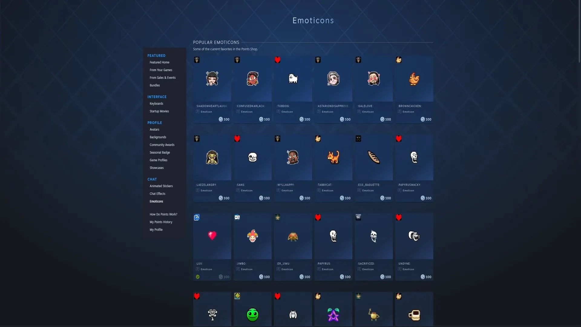 Các biểu tượng cảm xúc độc quyền có thể mua bằng Điểm Steam trong Cửa hàng Điểm.