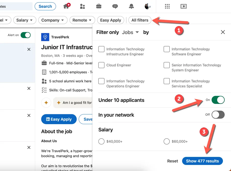 Các bước áp dụng bộ lọc &quot;Dưới 10 ứng viên&quot; trong tìm kiếm việc làm trên LinkedIn.