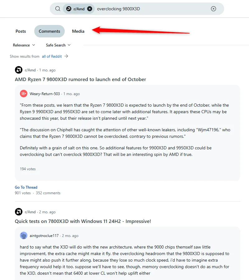 Các danh mục lọc kết quả tìm kiếm trên Reddit