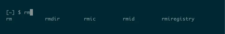 Các lệnh dòng lệnh Linux bắt đầu bằng "rm" được gợi ý sau khi dùng Tab Completion