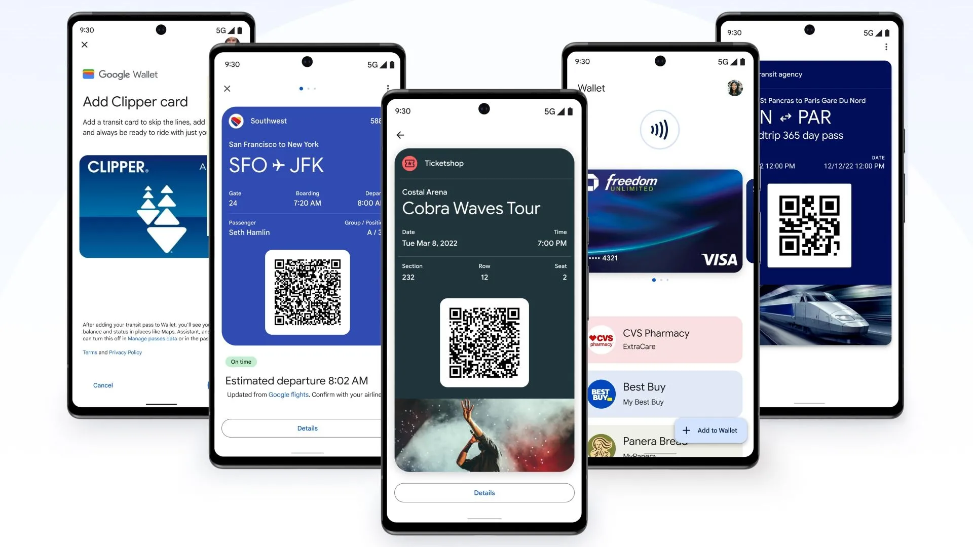 Các loại thẻ, vé và giấy tờ được hỗ trợ trong ứng dụng Google Wallet, bao gồm thẻ tín dụng, thẻ thành viên và vé máy bay.
