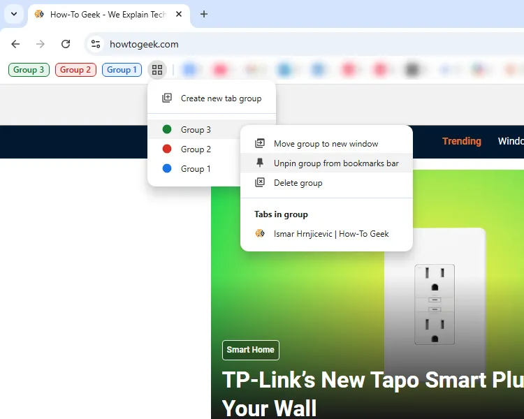 Các nhóm tab được ghim và hiển thị trên thanh dấu trang của trình duyệt Google Chrome, cho thấy không gian bị chiếm dụng.