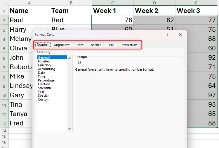 Các tab trong hộp thoại &quot;Định dạng ô&quot; (Format Cells) của Excel được tô sáng, cho phép người dùng chuyển đổi giữa các loại định dạng khác nhau.