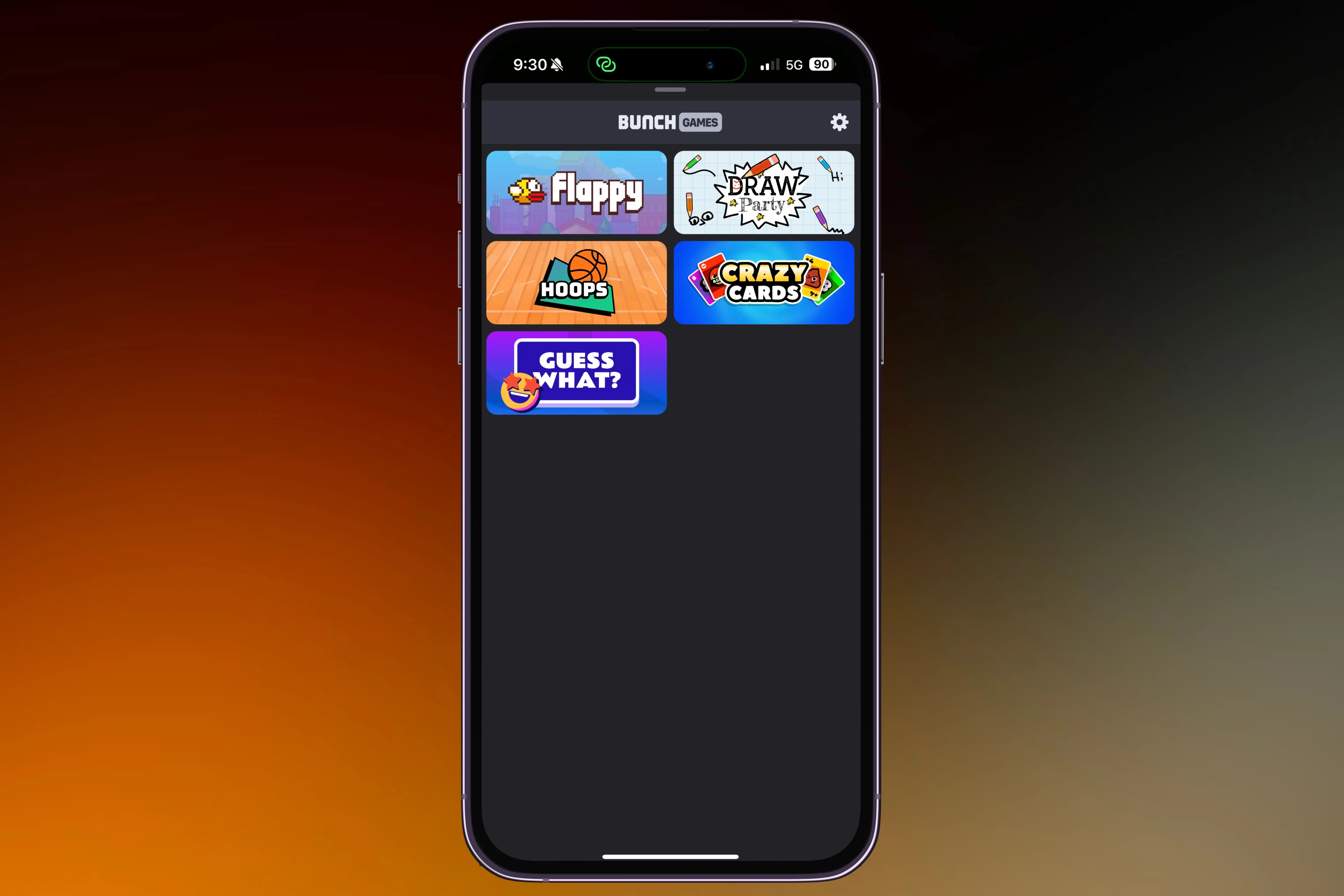 Các trò chơi có sẵn trong ứng dụng Bunch Games của iMessage được hiển thị trên màn hình iPhone, bao gồm Flappy và Draw Party.