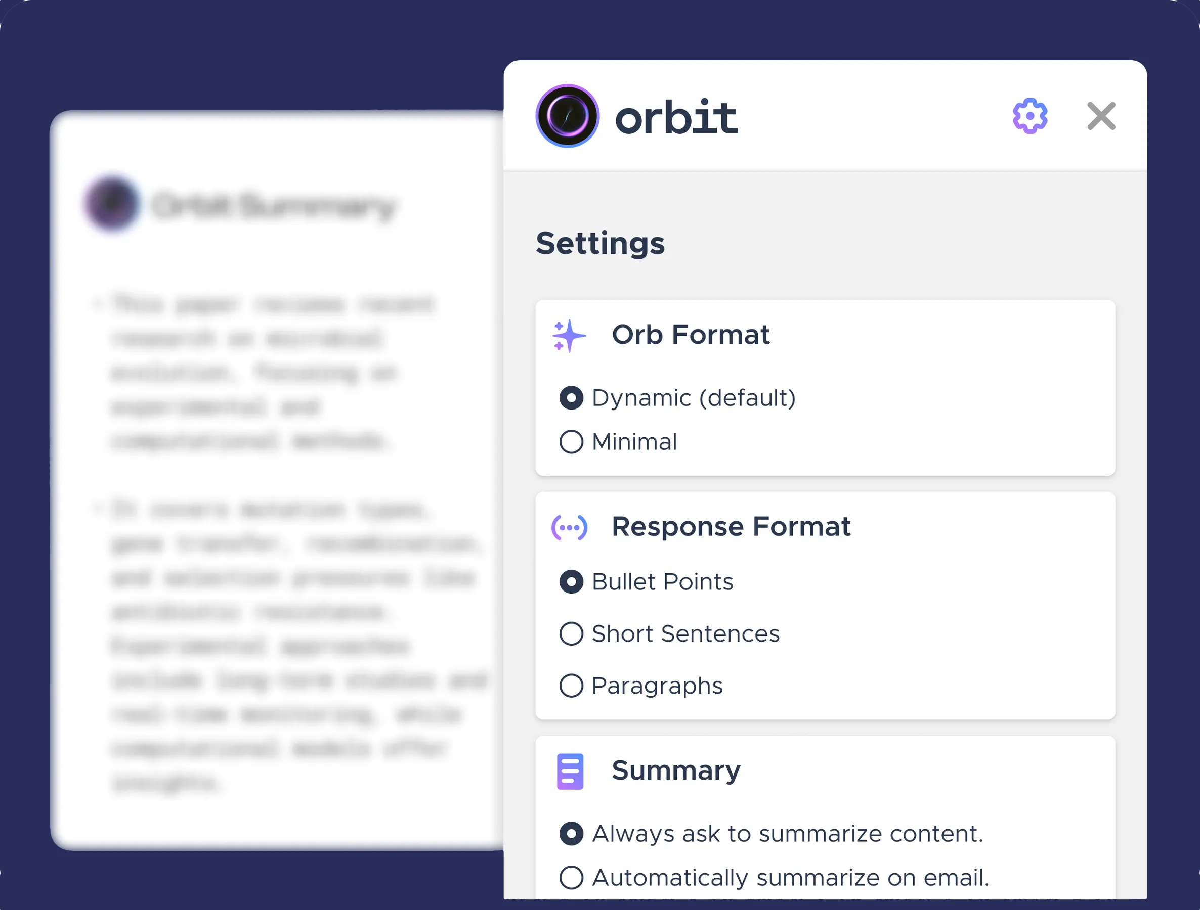 Các tùy chọn cài đặt của tiện ích AI Orbit trong trình duyệt Firefox