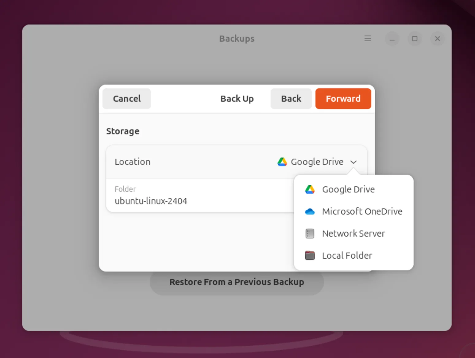 Các tùy chọn điểm đến để lưu trữ bản sao lưu trong ứng dụng Ubuntu Backups.