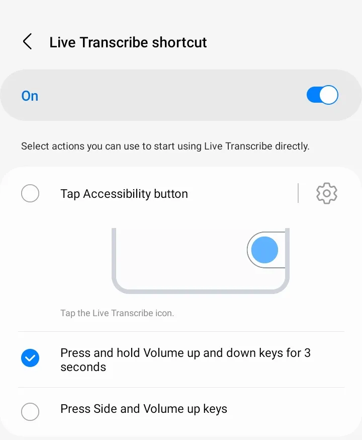 Các tùy chọn phím tắt để kích hoạt nhanh Live Transcribe, bao gồm cử chỉ và phím cứng
