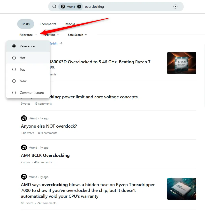 Các tùy chọn sắp xếp trong tìm kiếm Reddit