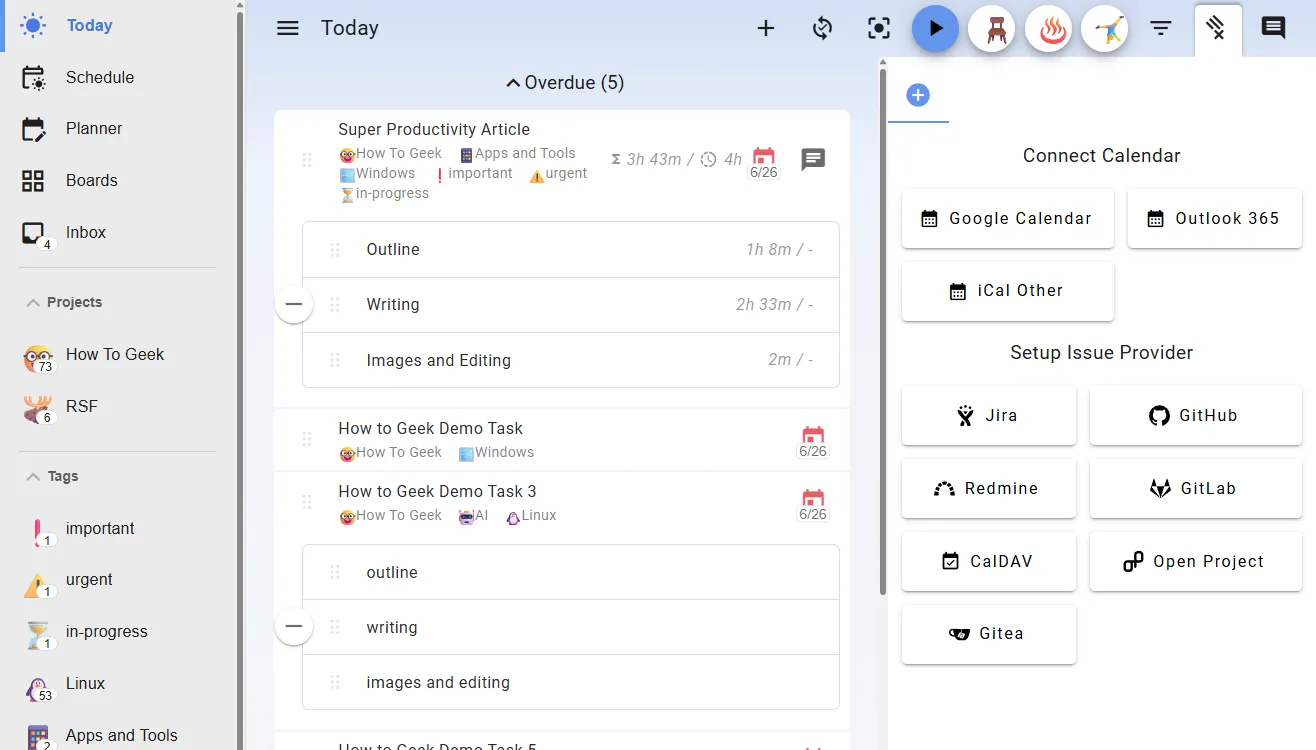 Các tùy chọn tích hợp với nền tảng bên thứ ba của Super Productivity