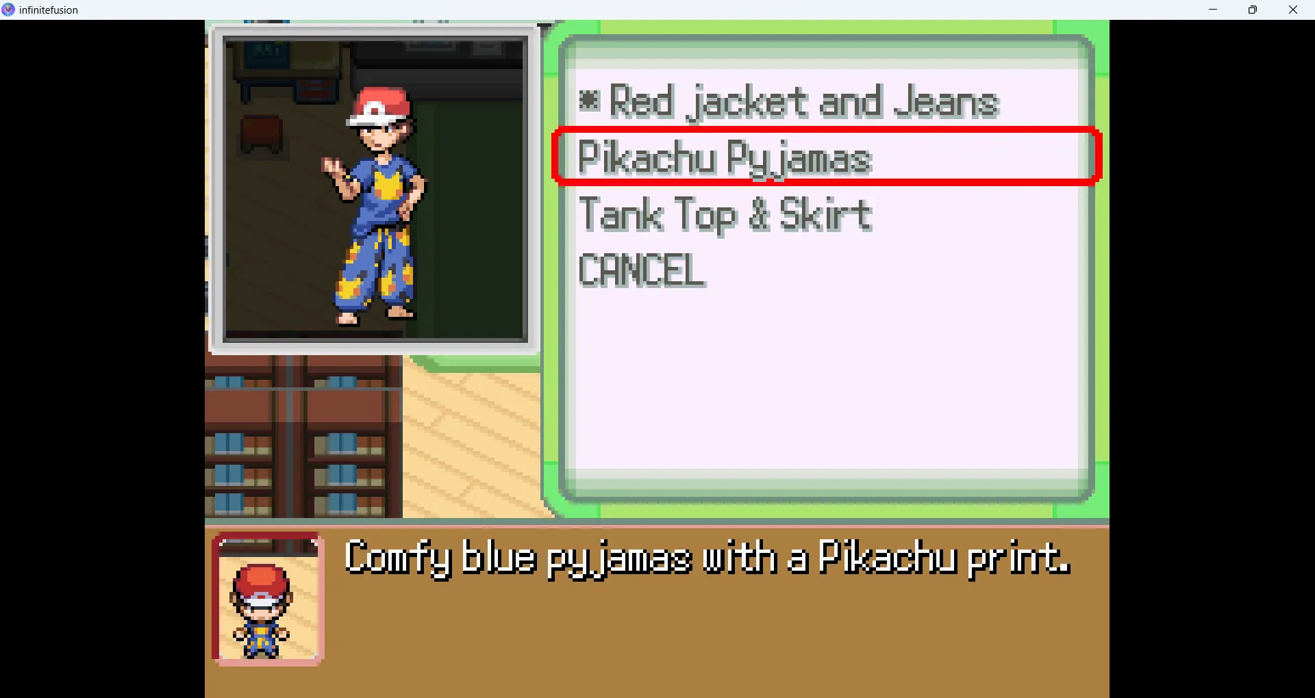Các tùy chọn trang phục để tùy chỉnh nhân vật người chơi trong ROM hack Pokémon Infinite Fusion, bổ sung tính cá nhân hóa.