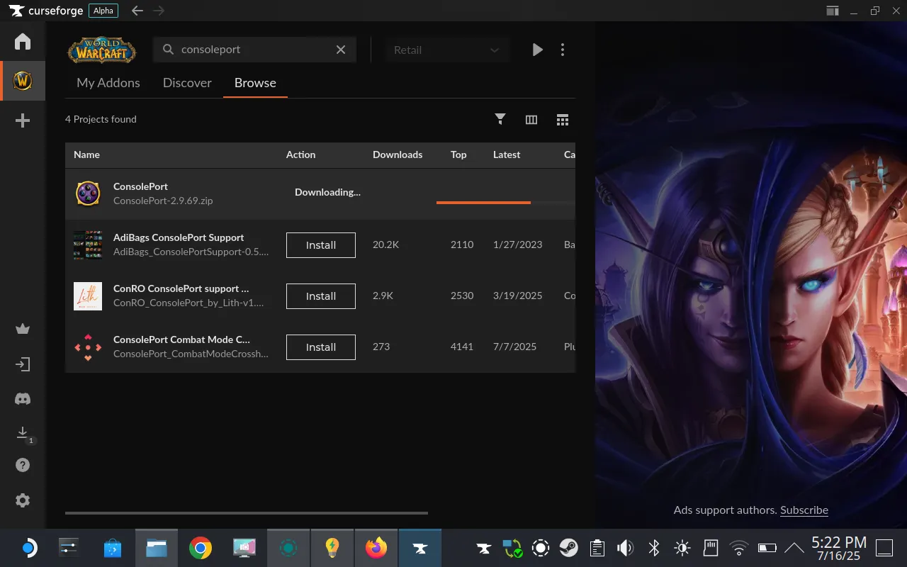 Cài đặt add-on ConsolePort qua CurseForge để tối ưu trải nghiệm tay cầm trong World of Warcraft