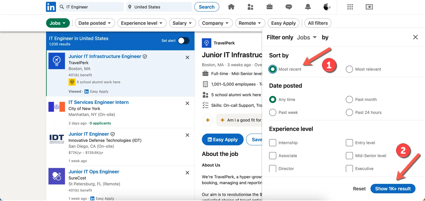 Cài đặt bộ lọc tìm kiếm việc làm trên LinkedIn, chọn &quot;Mới nhất&quot; để hiển thị kết quả theo thời gian.