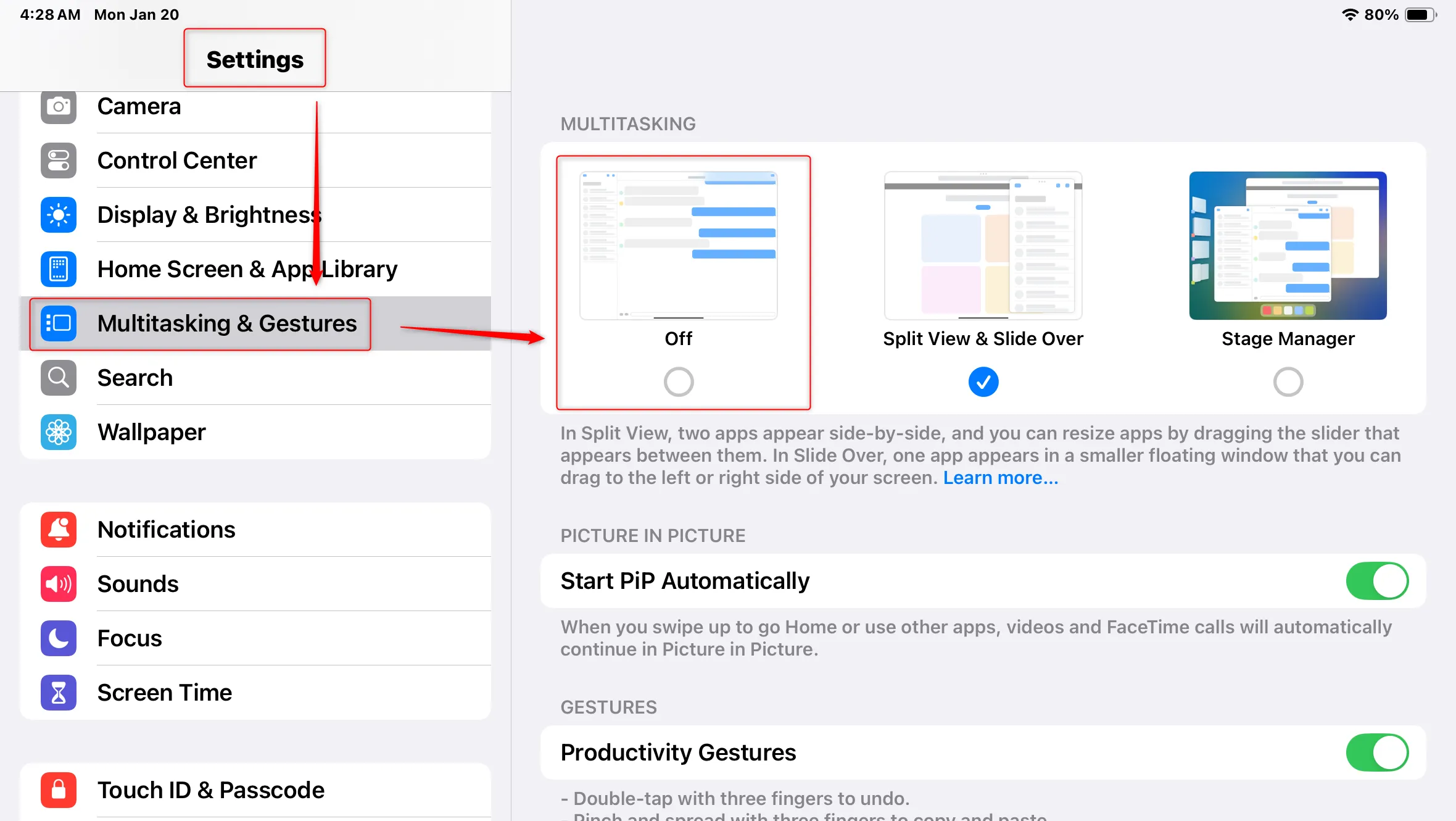 Cài đặt Đa nhiệm & Cử chỉ trên iPadOS để vô hiệu hóa tính năng đa nhiệm