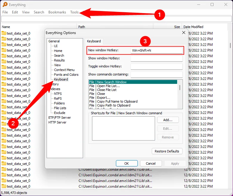 Cài đặt phím tắt nóng (hotkey) để mở Everything Search, cho phép người dùng tùy chỉnh tổ hợp phím kích hoạt