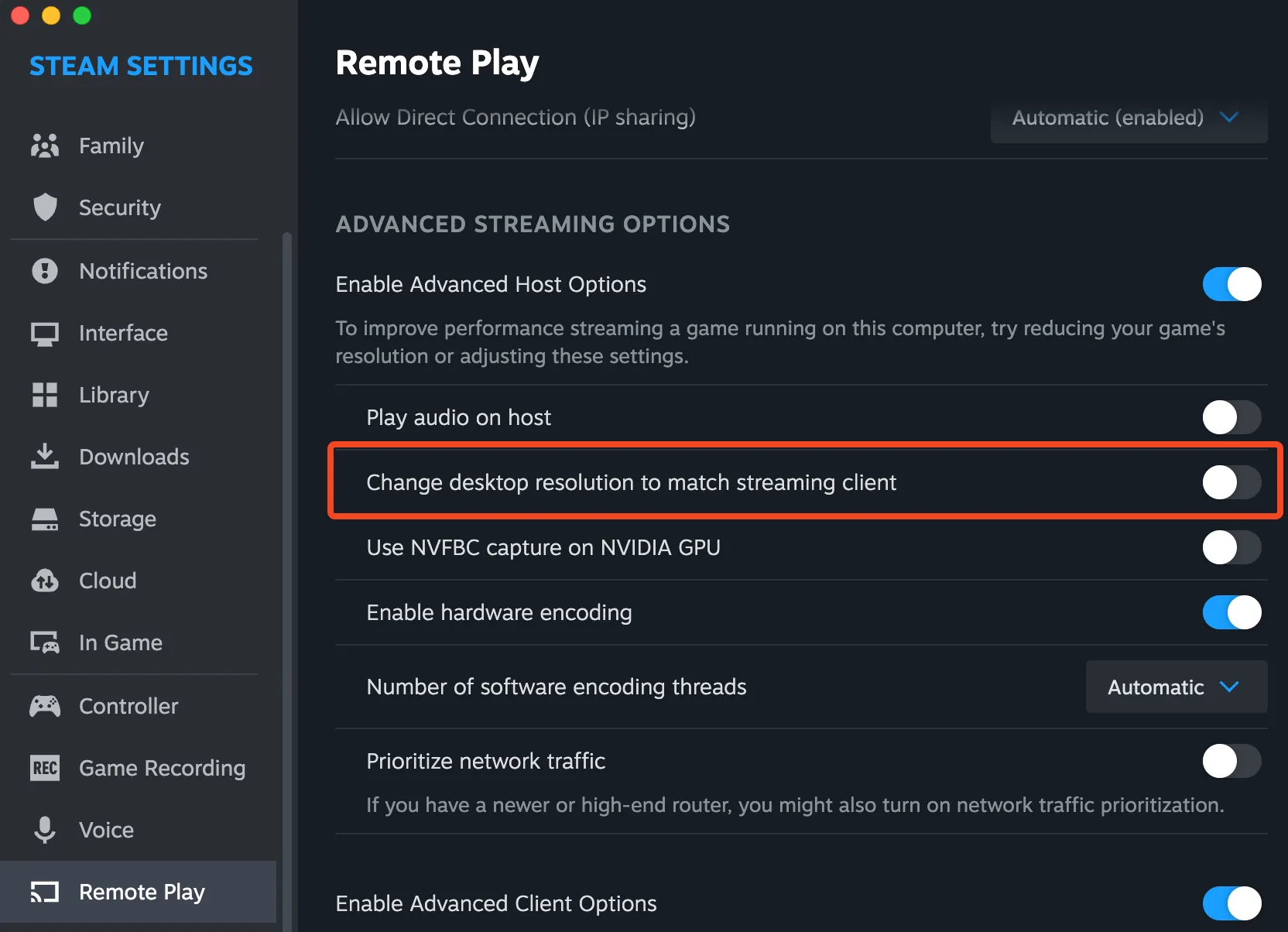 Cài đặt &quot;Thay đổi độ phân giải màn hình nền để phù hợp với máy khách stream&quot; trong Steam Remote Play, hữu ích khi stream game đến MacBook.