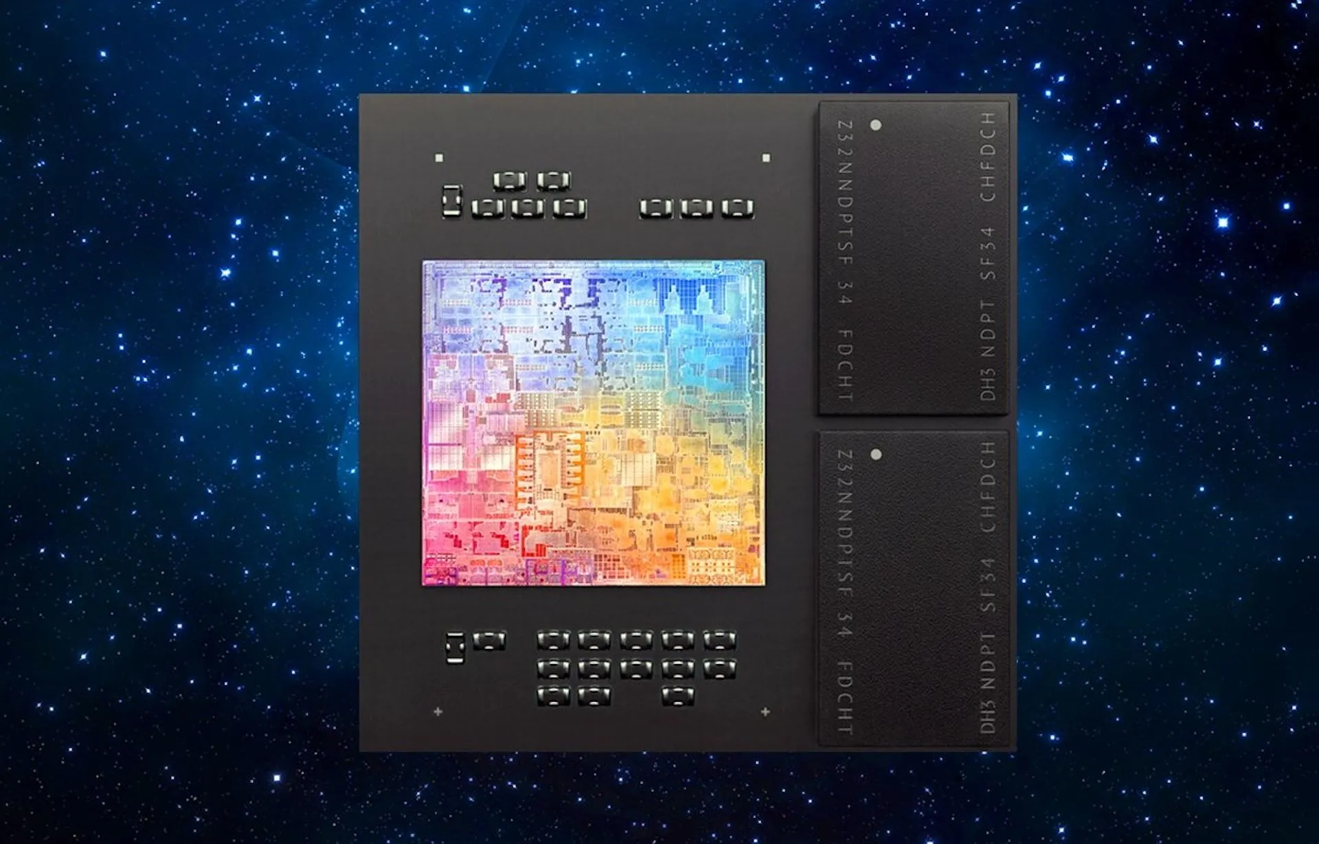 Cận cảnh chip Apple M1 với bộ nhớ hợp nhất (Unified Memory) nằm liền kề, minh họa cấu trúc không thể nâng cấp.