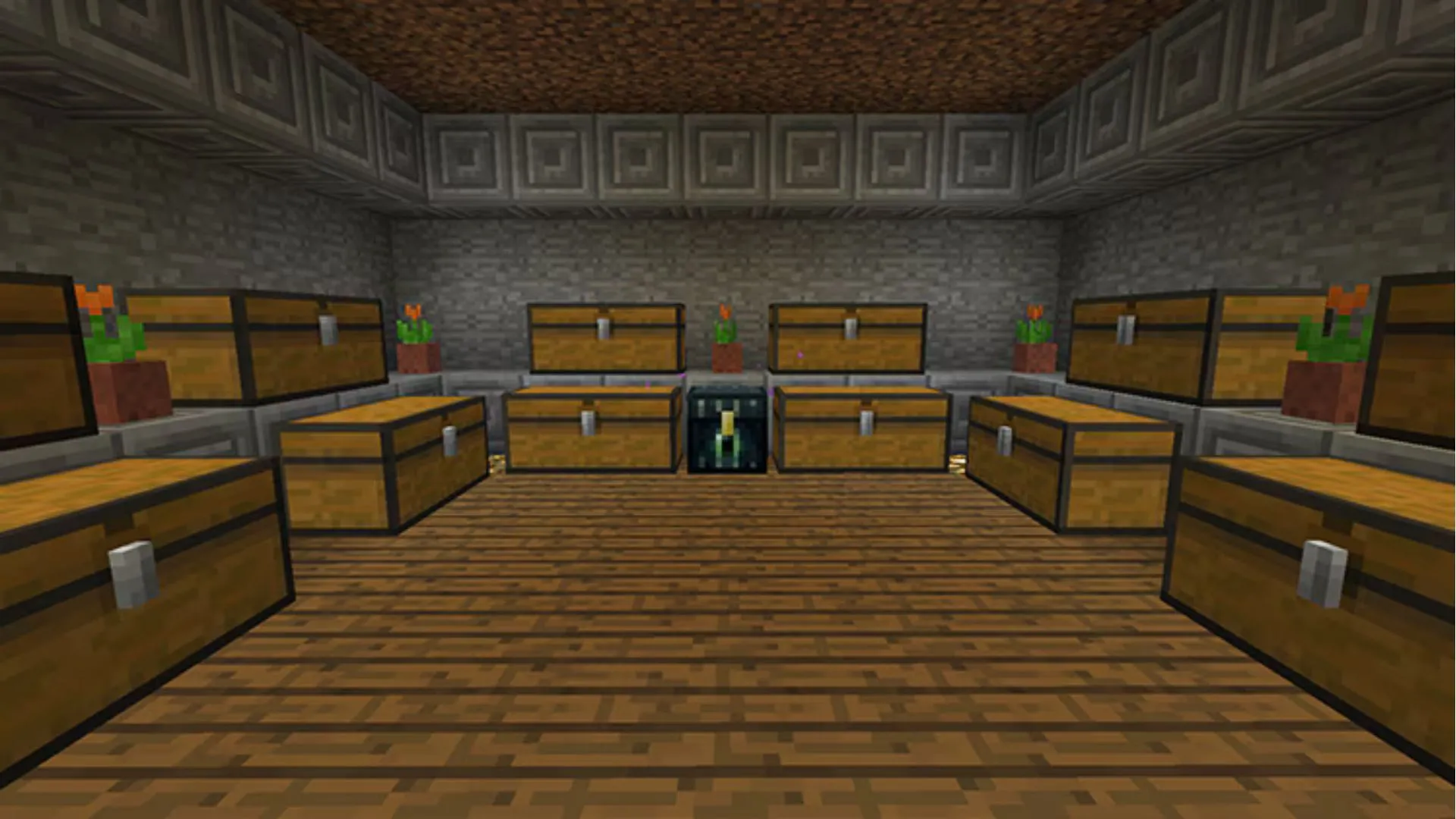 Căn phòng chứa đầy rương trong Minecraft, minh họa thế giới game an toàn khi sử dụng allow list